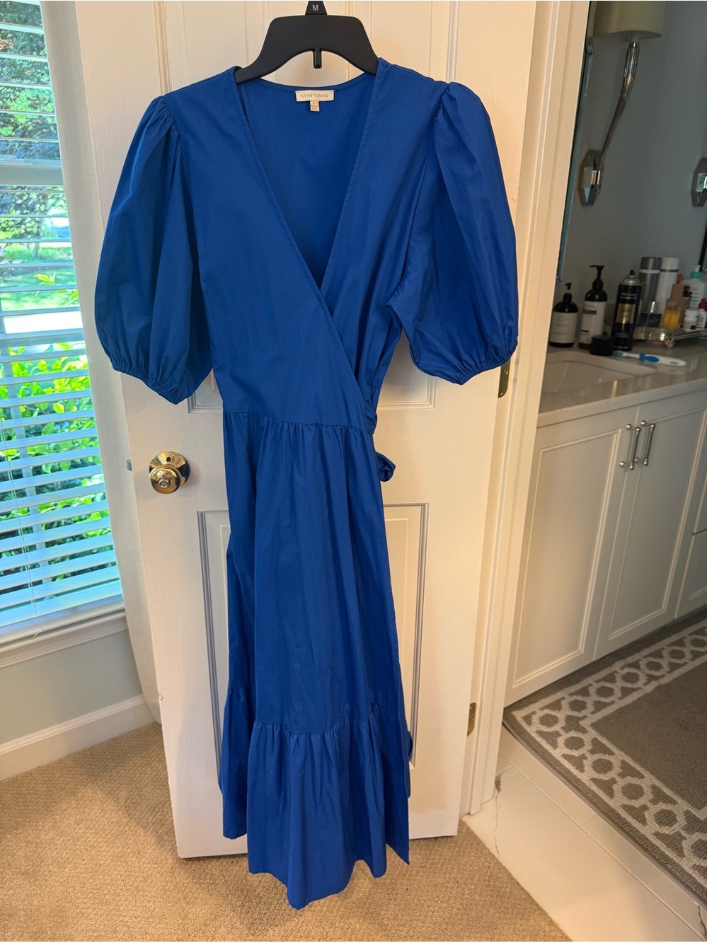 Flying Tomato L Women’s Royal Blue Wrap Midi Dress with Puff Sleeves- like new